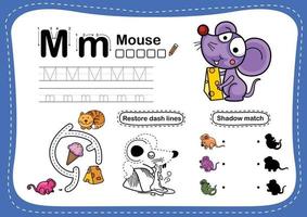 alphabet lettre m exercice de souris avec illustration de vocabulaire de dessin animé vecteur