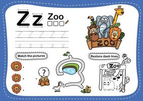 alphabet lettre z zoo exercice avec illustration de vocabulaire dessin animé vecteur