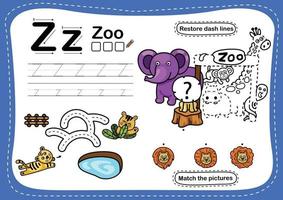 alphabet lettre z zoo exercice avec illustration de vocabulaire dessin animé vecteur