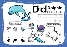 alphabet lettre d exercice de dauphin avec illustration de vocabulaire de dessin animé vecteur