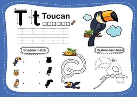 lettre de lalphabet t exercice toucan avec illustration de vocabulaire de dessin animé vecteur