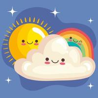 arc-en-ciel et nuage mignon avec des autocollants de soleil personnages kawaii vecteur