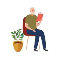 Vieil homme âgé lisant un livre assis dans un personnage de chaise vecteur