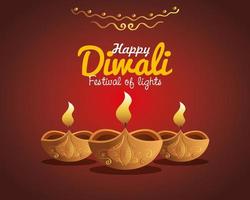 joyeux diwali diya bougies avec ornement sur la conception de vecteur de fond rouge