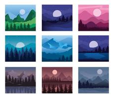 paysage de montagnes et de pins cadres ensemble de symboles vector design