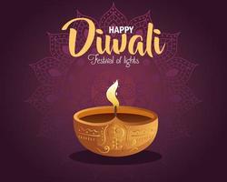 Bougie joyeux diwali diya avec mandala sur la conception de vecteur de fond violet