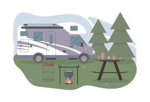 caravane ou camping-car dans la forêt locale vacances d'été concept illustration vectorielle dans un style plat dans les couleurs rose violet vert et bleu vecteur