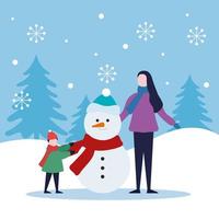 joyeux noël mère et garçon enfant avec dessin vectoriel de bonhomme de neige