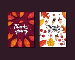 cartes de jour de Thanksgiving avec des feuilles dautomne et des glands vecteur