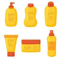 Soleil crème spf collection. crème, lotion, mousse, vaporisateur. été produits de beauté. crème solaire, peau protection, crème solaire, peau se soucier des produits. vecteur illustration