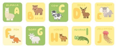 mignon vecteur aj zoo alphabet isolé éducation cartes avec dessin animaux alpaga ours vache cerf éléphant renard chèvre cheval iguane méduse