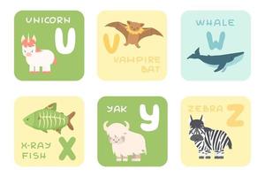 Cartes d'alphabet uz mignonnes avec dessin animé forêt tropicale mer océan animaux africains illustrations vectorielles de zoo vecteur