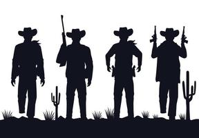 silhouettes de silhouettes de cowboys avec des personnages de fusils dans le désert vecteur