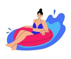 femme nager sur gonflable caoutchouc anneau. été vacances, loisir sur eau, plage activité concept. vecteur