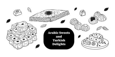 ensemble de main tiré griffonnage traditionnel arabe et turc desserts. Halva, turc plaisir, maamoul, Baklava. isolé sur blanc Contexte. vecteur