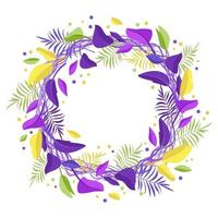 guirlande de feuilles de palmier cadre rond de feuilles exotiques jaune et vert violet vif décorations de fête d'été pour l'affiche de carte postale de vacances et l'offre de conception ou la bannière vecteur