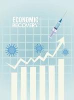 affiche de reprise économique pour covid19 avec seringue de vaccin et particules virales dans les statistiques vecteur