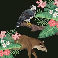 tapir sauvage et aigle aux feuilles tropicales vecteur