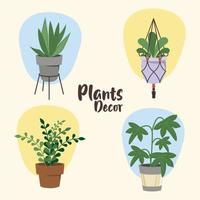 lot de quatre plantes à la maison dans des pots en céramique décor et lettrage vecteur