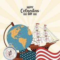 joyeuse fête de columbus day avec affiche d'icônes vecteur