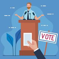 homme de jour de l'élection sur le podium et la main tenant la conception de vecteur de papier de vote