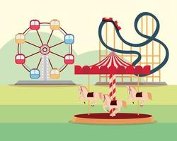Parc d'attractions carnaval grande roue roller coaster et carrousel vecteur