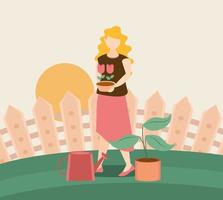 Jeune femme avec des fleurs en pot et un arrosoir en jardinage vecteur