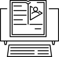 noir ligne art illustration de jouer e-book dans moniteur écran et clavier icône pour en ligne apprentissage. vecteur