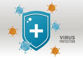 Bouclier de protection antivirus avec particules covid19 couleurs orange et bleu vecteur