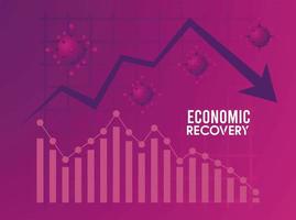 affiche de reprise économique pour covid19 avec particules virales et statistiques flèche vers le bas vecteur