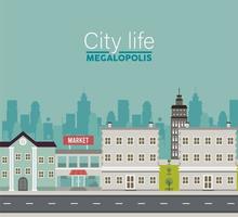 lettrage de mégalopole de la vie de la ville dans la scène de paysage urbain avec marché et bâtiments vecteur