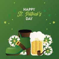 joyeux jour de la saint patrick lettrage avec botte elfe et bière verte vecteur