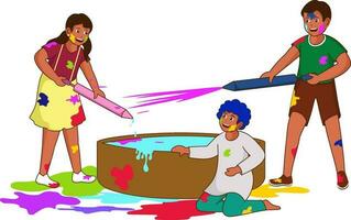 illustration de Jeune garçons et fille personnage en jouant Holi de pichkari l'eau pistolet avec Couleur baignoire pour content Holi concept. vecteur