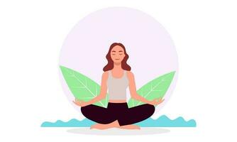 femme méditer dans la nature et feuilles. concept illustration pour yoga, méditation, se détendre, des loisirs, en bonne santé mode de vie. vecteur