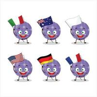 Noël Balle violet dessin animé personnage apporter le drapeaux de divers des pays vecteur