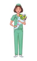 infirmière avec des fleurs vecteur