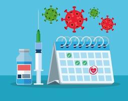 Fiole et seringue de vaccin covid19 avec calendrier vecteur