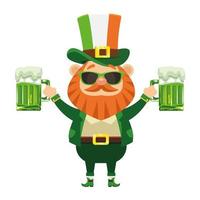 Caractère de lutin de saint patrick avec des lunettes de soleil buvant des bières vecteur