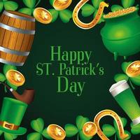 joyeux jour de la saint patrick lettrage avec chaudron au trésor et bières vecteur