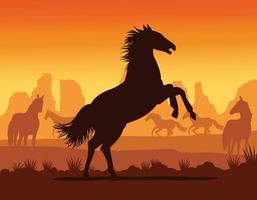 cheval noir animal silhouette dans le paysage désertique vecteur