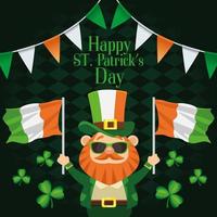 affiche de lettrage joyeux jour de la saint patrick avec leprechaun soulevant des drapeaux de lirlande vecteur