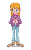 Adolescente à l'aide de smartphone avec personnage anime buble gum vecteur