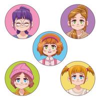 groupe de cinq filles mignonnes manga anime vecteur