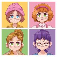 groupe de quatre personnages de manga anime filles mignonnes vecteur