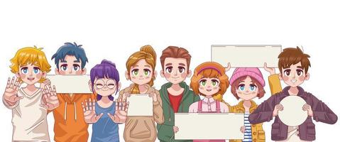 Groupe de huit personnages mignons jeunes adolescents manga anime avec des bannières de protestation vecteur