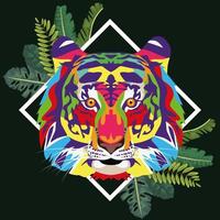 tigre wild life technicolor avec cadre de feuilles vecteur