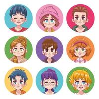 groupe de neuf adolescents mignons personnages manga anime vecteur