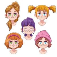 groupe de cinq personnages de manga anime filles mignonnes vecteur