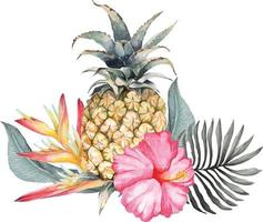 composition d'ananas et d'hibiscus avec aquarelle 2 vecteur