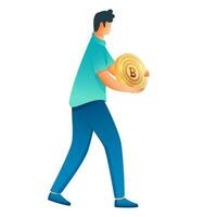 dessin animé Jeune garçon en portant 3d d'or bitcoin dans permanent pose. vecteur